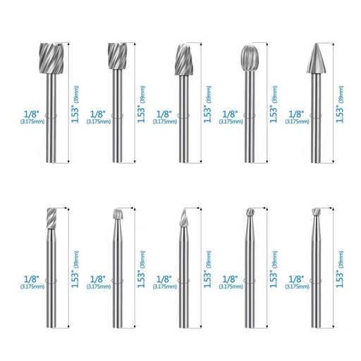 [BRK-KIT9-C] Set 10 Fresas Rotativas HSS para Dremel Grabado y Carpintería Vastago 3.17mm