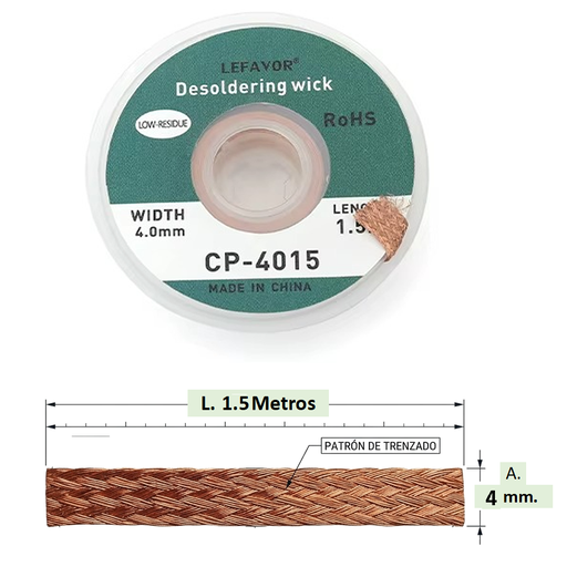 [CP-4015] Malla Desoldadora de 4mm x 1.5mt. Mecha Desoldadora 