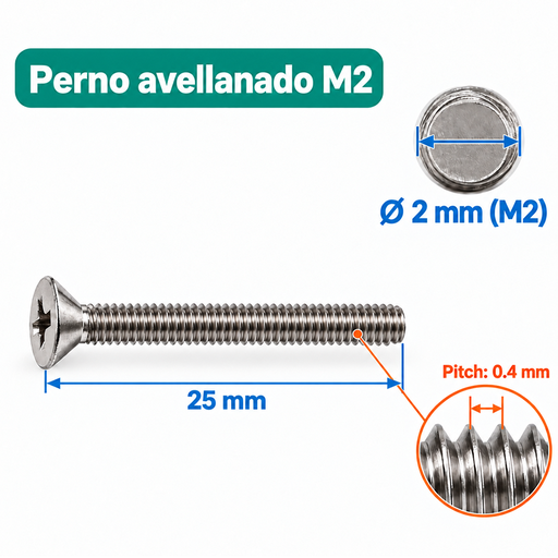 [TOR-M2-25] Perno Avellanado Phillips M2 x 25 mm – Paso 0.4 mm 