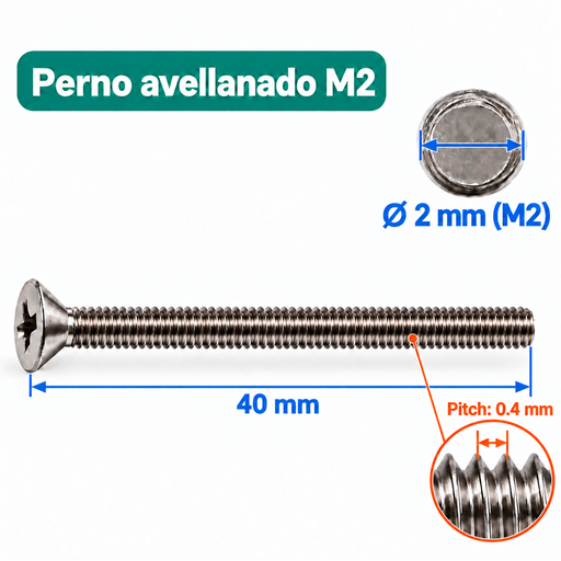 [TOR-M2-40] Perno Avellanado Phillips M2 x 40 mm – Paso 0.4 mm 