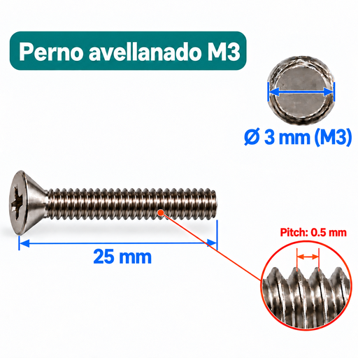 [TOR-M3-25] Perno Avellanado Phillips M3 x 25 mm – Paso 0.5 mm 